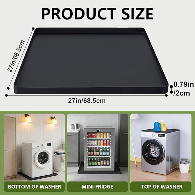 27×27×0.79inch Washing Machine Pan, With Raised Edge Washer Drip Tray, Drain Pan Silicone Mat, Foldable Portable Anti-Vibration Non-Slip Waterproof Pad, Smooth Surface (Black)
