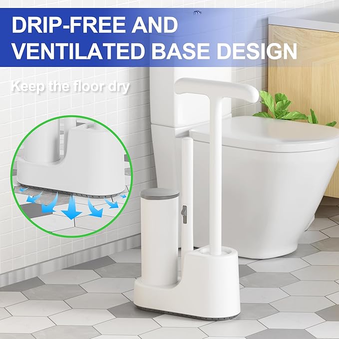 Disposable Toilet Brush and Plunger Set, Dual Handdle Toilet Plunger, All-in-1 Bathroom Cleaning Kit with 18PCS Refills, Toilet Cleaning Stick and Ventilated Holder (White)
