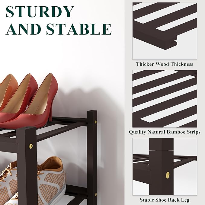 Smiry Bamboo Shoe Rack for Closet, 2 Tier Small Wooden Stackable Shoe Organizer, Free Standing Shoes Storage Shelf for Entryway, Front Door Entrance, Brown