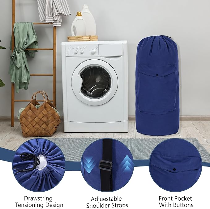 Sanlykate Canvas Backpack Laundry Bag - Extra Large Durable Dirty Clothes 2-3 Days Capacity with Adjustable Shoulder Strap & Front Pocket, for College Dorm, Apartment, Laundromats, Camping Travel