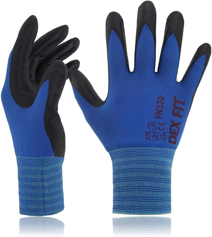 DEX FIT Nylon Work Gloves FN320, 3D Comfort Fit, Power Grip, Lightweight & Breathable, Touchscreen, Gardening, Yard Work, Warehouse, Delivery Driver Gloves; Blue 8 (M)