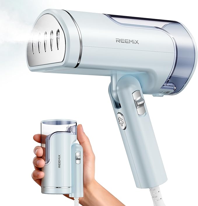 Reemix Portable Garment Steamer, Powerful Foldable Handhled Steamer 1300W, Travel Size Steamer For Clothes 20S Fast Heat-up, Fabric Steamer for Home & Travel, 120V Only (Aqua)