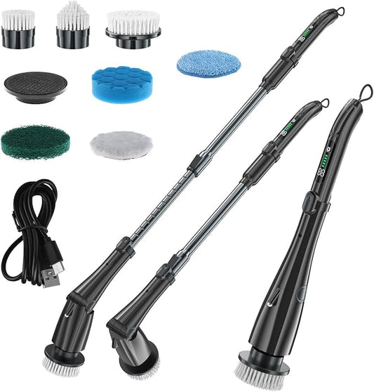 7.4V Electric Spin Scrubber Handheld Cordless Cleaning Brush Electric Cleaning Brush Kit with 7 Brush Heads, Adjustable Handle, 3 Speeds, Ideal for Home Kitchen Bathroom Wall Floor(Black)
