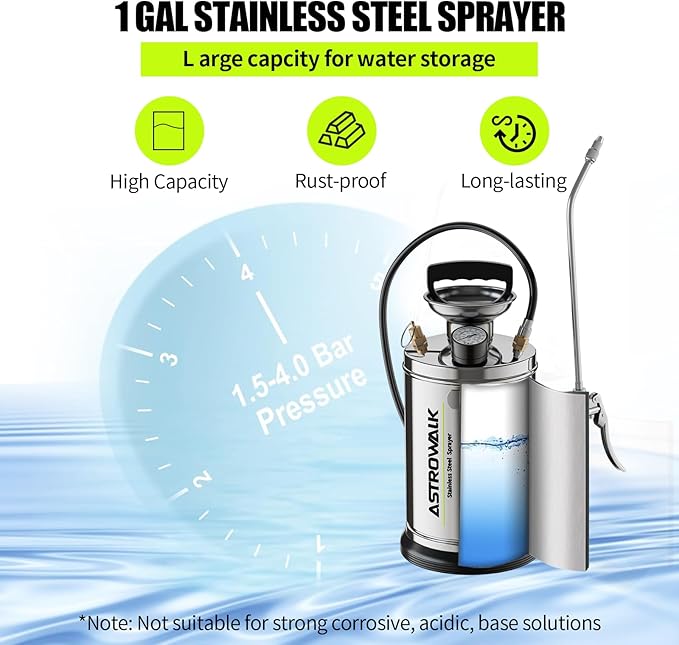1.5 Gallon Stainless Steel Sprayer, Medium Duty & Versatile Pump Sprayer with 20" Wand & 4FT Reinforced Hose for Large Lawn, Garden, Fence & Patio, Includes Viton Seals and Gloves