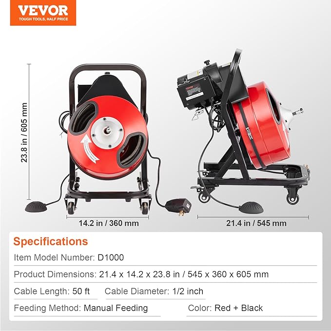 VEVOR 50FT x 1/2Inch Sewer Snake Machine, Drain Cleaning Machine on 4 Wheels, Electri Drain Auger with 4 Cutters & Foot Switch for 1''- 4'' Pipes
