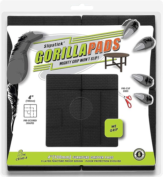 GorillaPads Non Slip Furniture Pads/Floor Grippers (Set of 8 Non Skid Floor Protectors) Pre-Scored to Cut to Multiple Size, 4 Inch Square, Black, CB140-8