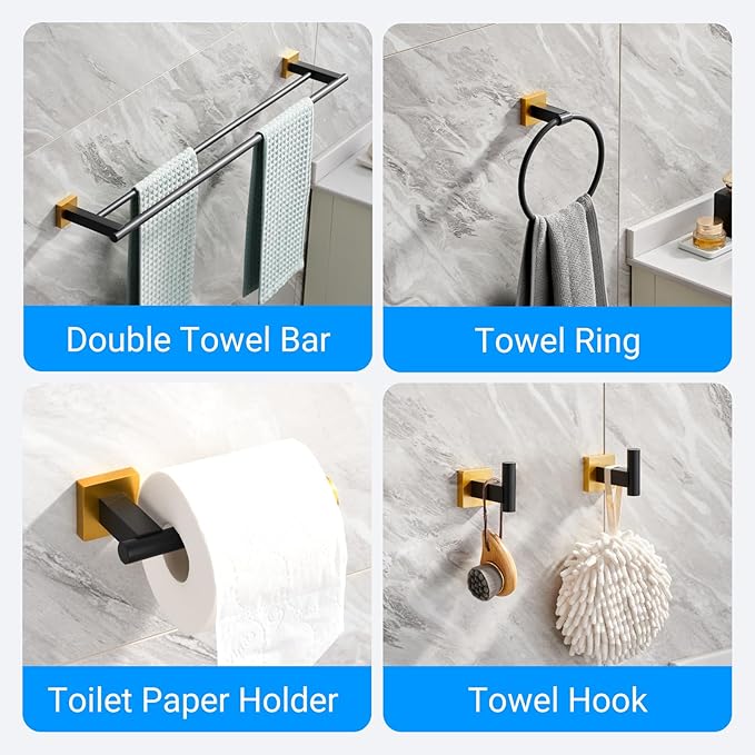 Miyili 5-Piece SUS304 Stainless Steel Bathroom Hardware Kit - Incould 30" Double Towel Bar, 5" Toilet Paper Holder, Towel Ring, 2 x Robe Hooks, Bathroom Accessories Set Wall Mount, Matte Black & Gold