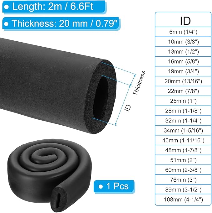 PATIKIL 1-7/8"(48mm) ID x 6.6Ft Pipe Insulation Foam Tube, Pipe Cover Wrap Roll Bar Padding Tubing for Handle Grip HVAC Outdoor Air Conditioner Units, Black