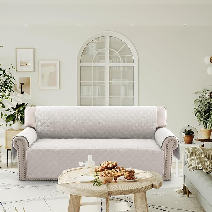 PrinceDeco Waterproof Couch Cover for 3 Cushion Sofa Diamond Quilted Pattern Couch Sofa Cover for Dogs Furniture Protector Cover with Elastic Straps for Pet Cat (Sofa,Beige)