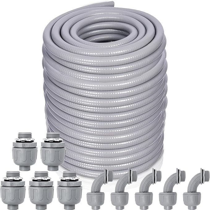 Liquid-Tight Conduit and Connector Kit - 3/4 Inch 150 FT Non Metallic Liquid Tight Electrical Conduit with 5 Straight and 5 Angle Fittings