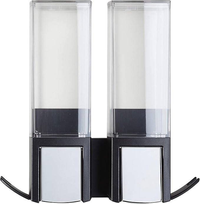 Better Living Clever Double Shower Dispenser 2 Chamber, Wall Mount Shower Soap Dispenser for Bathroom Hotel Body Wash, Storage Hooks, No Drill, Waterproof Shampoo Soap Dispenser, 2 x 17 oz, Black
