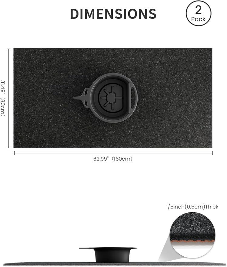 2 Pack Heavy Duty Oil Spill Mat, Garage Floor Mat, 63" x 31" Waterproof Rubber Backing Oil Absorbent Pads, 1/5" Thick Reusable Under Auto Repair Mat for Garage Floor Surface Protection-Black