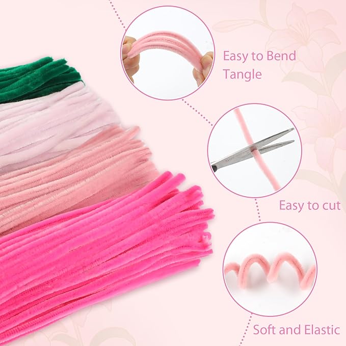 350 Piece Pipe Cleaner Craft, 4 Color Pipe Cleaners Bulk, Chenille Stems for DIY Flower Making Kits with Hot Melt Adhesive, Gardening Tape, Stamens (Pink)