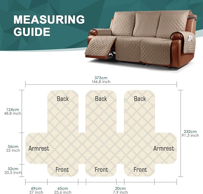 Ruaozz Waterproof Recliner Sofa Covers, 1-Piece Couch Covers for Reclining Couches Reclining Couch Cover Washable Furniture Protector with Elastic Straps Pocket for Kids Pets (Light Brown, 3 Seater)
