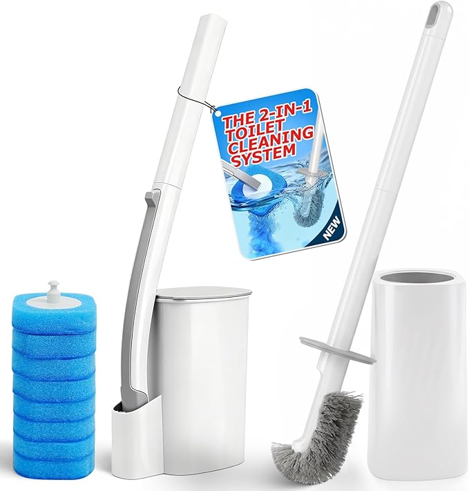 Disposable Toilet Brush&Toilet Bowl Brush and Holder Set - Toilet Scrubber Brush,Toilet Bowl Cleaners,Household Essentials,Cleaning Supplies,White