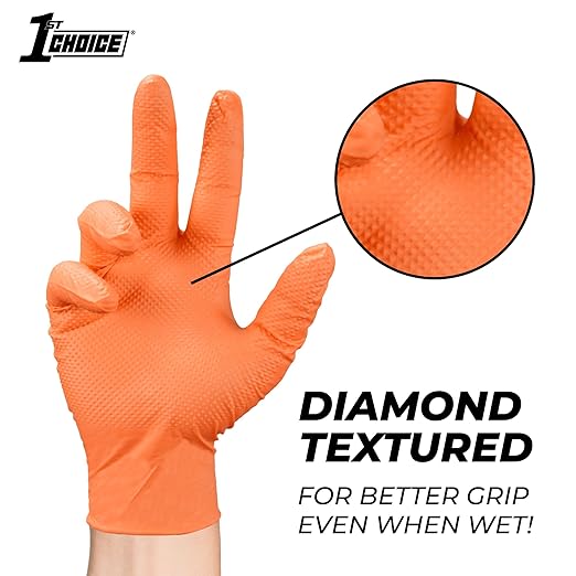 1st Choice 6 mil Orange Gloves, Disposable, Latex Free, Raised Diamond Grip, Mechanic Glove for Men, XLarge, 1 Box of 100