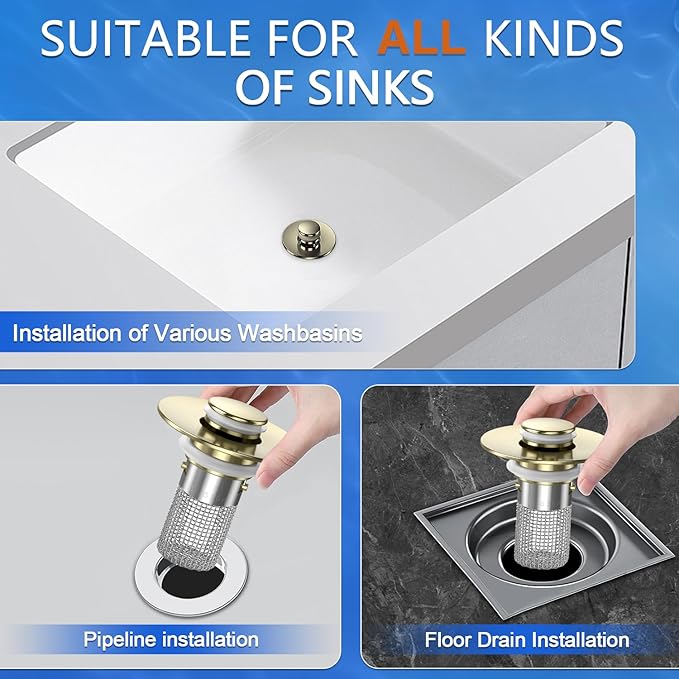 Sink Stopper Hair Catcher, Pop-up Sink Drain Strainer with Removable Stainless Steel Strainer Basket Hair Catcher, Bathroom Sink Strainer for Bathroom Sink Stopper Replacement (4, Brushed Gold)