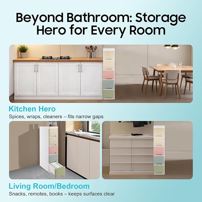 Narrow Plastic Drawers Cabinet, Multi-functional Plastic Tower Organizer with Wheels for Small Space Bathroom Bedroom Kitchen Offices Dormitory, 7 * 15 * 33in (Colorful B)
