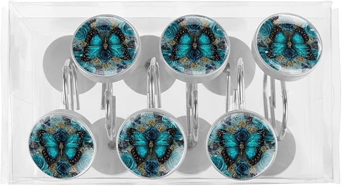 Navy Blue Butterfly Shower Curtain Hooks 12Pcs, Decorative Rust Resistant Shower Rings for Shower Curtain Rods, Stainless Steel Round Curtain Hooks for Bathroom, Bedroom, Farmhouse