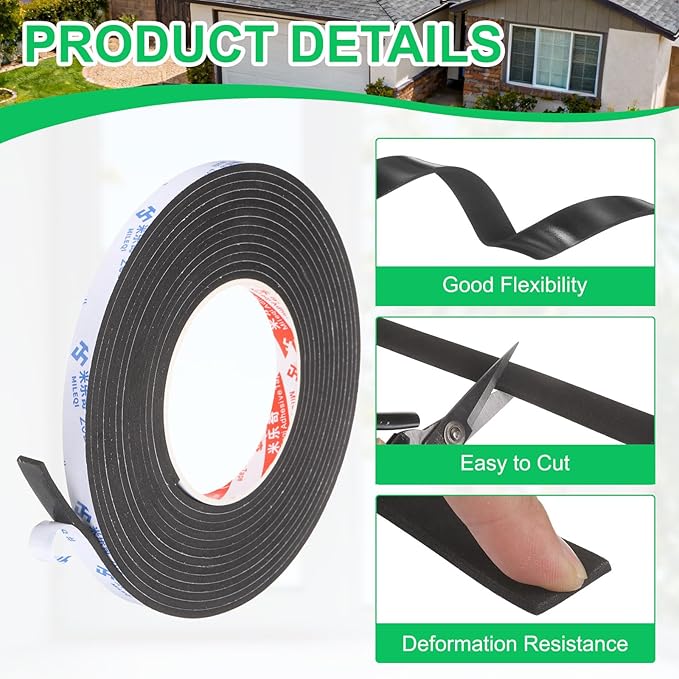 PATIKIL 4Roll Sponge Rubber Foam Tape, 3/8" W x 1/8" t x 16.4ft l Self-Adhesive Foam Insulation Tape Weather Stripping for Window Door Soundproofing Weatherstrip AC Seal Strip, Black