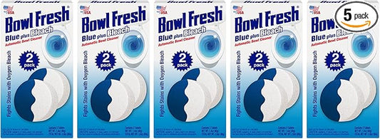 Bowl Fresh Blue plus Bleach Automatic Toilet Bowl Cleaner Tablets, Toilet Freshener Tablets with Borax and Bleach, 2 Count (Pack of 5)
