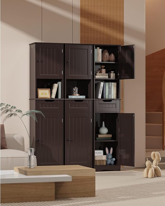 Gizoon 67" H Tall Bathroom Cabinet, Storage Cabinet with 2 Doors & Drawer, Narrow Linen Tower Freestanding Adjustable Shelves for Home, Kitchen, Versatile, Anti-Tipping, Dark Brown | Tall, 2 Doors, Drawer, Narrow, Freestanding, Adjustable Shelves