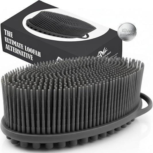 Avilana Silver Edition Body Scrubber - Silver-Ion Infused Silicone Shower Brush, ISO Tested Dual Sided, Stays Fresher Longer, SGS Certified Gentle Exfoliating Loofah Alternative Sensitive Skin Women