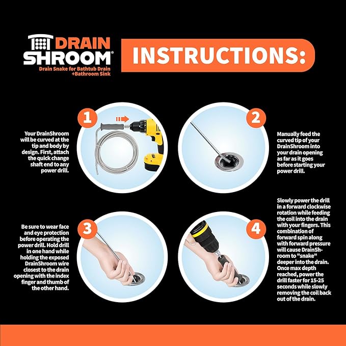 Reusable Sink Snake Clog Remover Tool that Attaches To Any Drill, Bathroom Bathtub Drain Cleaner Auger, Hair Catcher Drain Snake, 36 Inches Long, Stainless Steel, 1 Pack