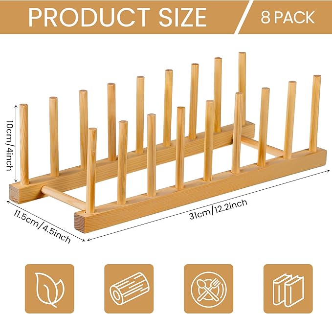 Thenshop 8 Pcs Wooden Plate Rack Organizer for Cabinet, 8 Slots Plate Drying Rack, Dish Organizer Holder, Pot Lid Stand, for Bowl Cup Cutting Board Kitchen Storage