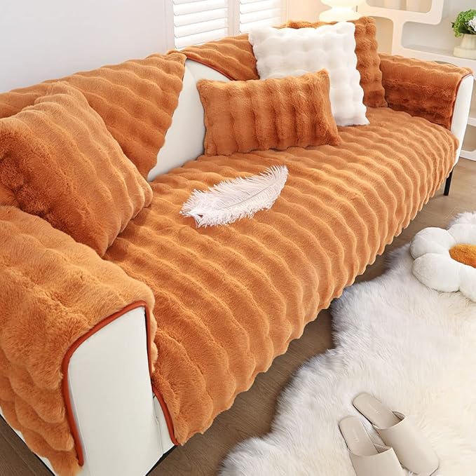 Soft Warm Faux Fur Couch Sofa Cover Thick Shaggy Fuzzy Sectional Couch Cover Non-Slip Solid Color Plush Sofa Slipcover Furniture Protector for Kids, Pets (Dark Orange,43"x94")