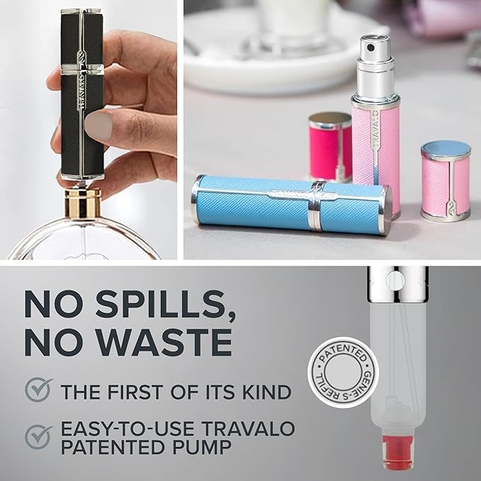 Travalo Milano Perfume Atomizer - Leak-Proof and TSA Approved for Air Travel - Reusable, Airtight, Easy Fill Mini Pump Sprayer - Lightweight Vegan Leather with Polished Metal Outer Shell - Black