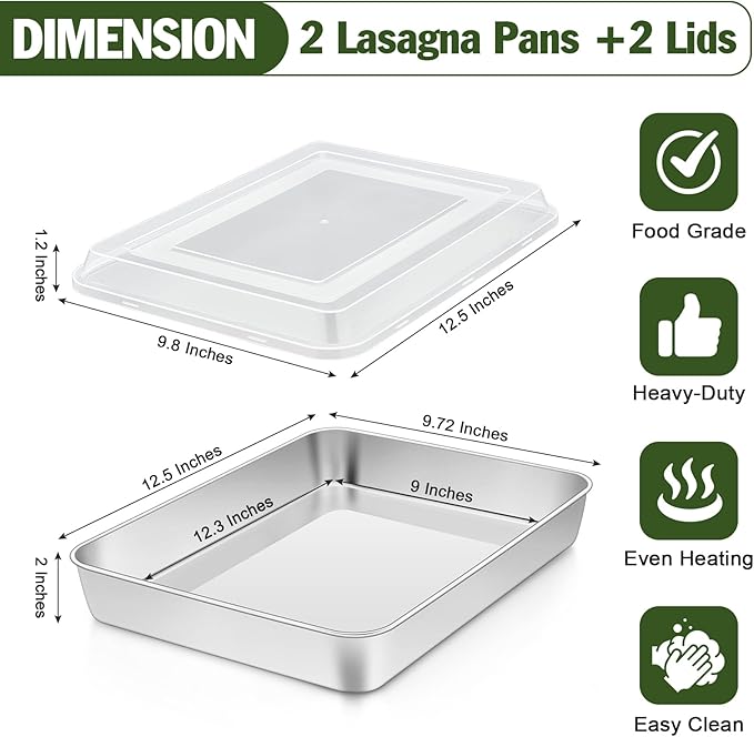 TeamFar Lasagna Pan, 12.3’’ x 9.75’’ x 2’’ Stainless Steel Rectangular Cake Brownie Baking Pan with Lid, Non-Toxic & Heavy Duty, Brush Surface & Deep Side, Dishwasher Safe-2 Pans+2 Lids