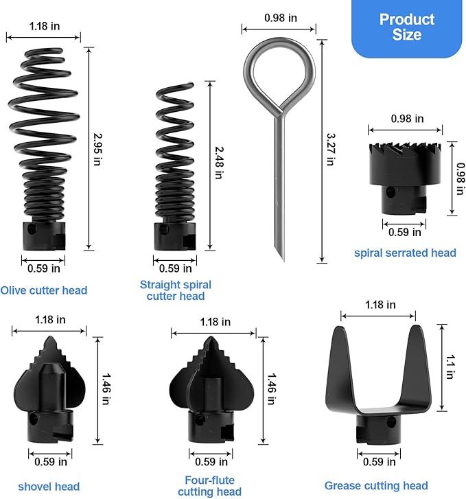 FEITON 7PCS Drain Cleaner Combination Cutter Head Set,16mm Manganese Steel Spring Automatic Locking Drain Dredging Cutter Head Accessories for Drain Cleaning Machines