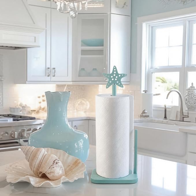 Leinuosen Beach Starfish Paper Towel Holder Rustic Beach Coastal Wooden Paper Towel Holder Turquoise Blue Nautical Ocean Bathroom Accessories Kitchen Roll Stand Organizer Apartment Housewarming Gift
