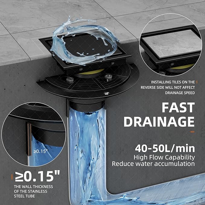 4 Inch Square Black Shower Drain Kit with Flange & Lifting Hook, Modern Floor Drain with 2-in-1 Cover Tiled Insert Grate, Stainless Steel SUS 304 (Matte Black, 4 Inch)