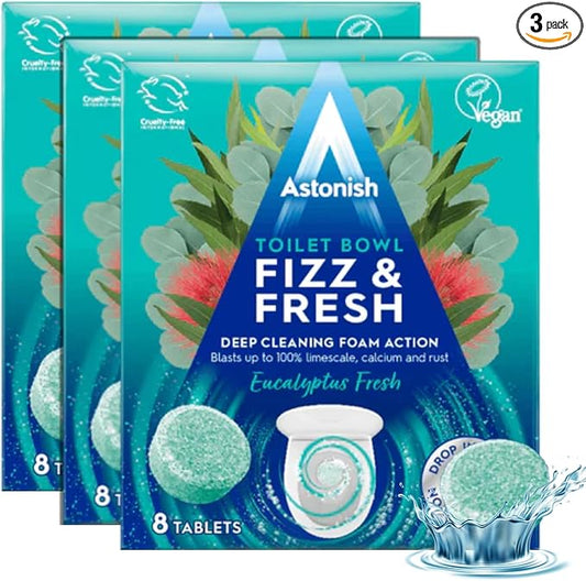 Astonish Foaming Eucalyptus Fresh Fizz & Fresh Bathroom Toilet Bowl Cleaner - Deep Cleaning Limescale, Calcium & Rust Stain Remover - Removes Hard to Reach Stains, 24 Tablets (3 Packs of 8)