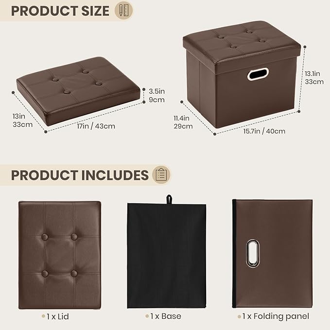 COSYLAND Ottoman with Storage Folding Leather Ottoman Footrest Foot Stool Brown Ottoman for Rooms Small Rectangle Collapsible Bench Furniture with Handles Lid 17x13x13in