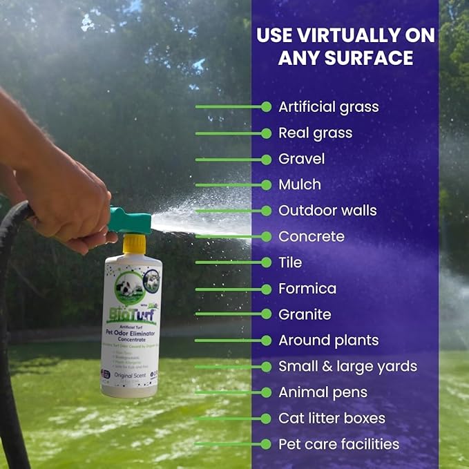 BioTurf BioS+ Odor Eliminator Concentrate Kit – Artificial Turf Cleaner for Dog Urine & Feces – Outdoor Yard Deodorizer Enzyme – Includes 1 Gallon, 32oz Spray Bottle & Hose Attachment