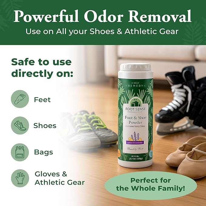 FOOT SENSE All Natural Foot & Shoe Powder, Foot Deodorant, Talc-Free, Odor Eliminator, Disinfects & Deodorizes, Long-Lasting up to 6 Months Safe for Men, Women, Kids, Athletes, 100g (2 Pack)