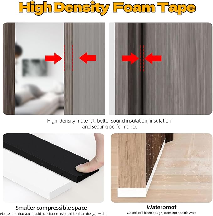 16.4 Feet Foam Weather Stripping Tape,2 Inch W x 1/4 Inch T,High Density Insulation Tape,Self-Adhesive Seal Strip for Doors & Windows-Draft Blocker,Soundproofing,Waterproof,White