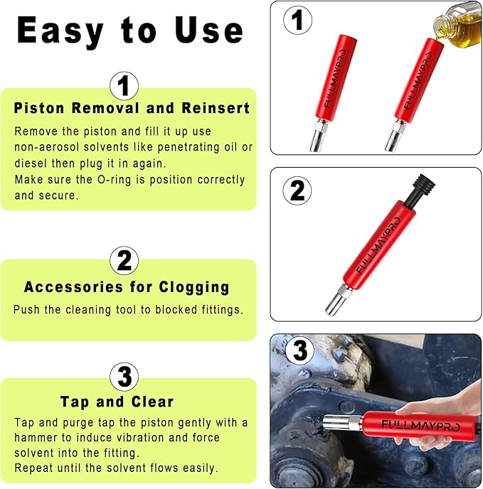 Grease Fitting Cleaning Tool,Zerk Fitting Cleaning Tool,Cleans and Rinse Off Old Dried Grease from with Penetrating Fluid &Hydraulic Pressure for Pins Shafts Bushings Joints