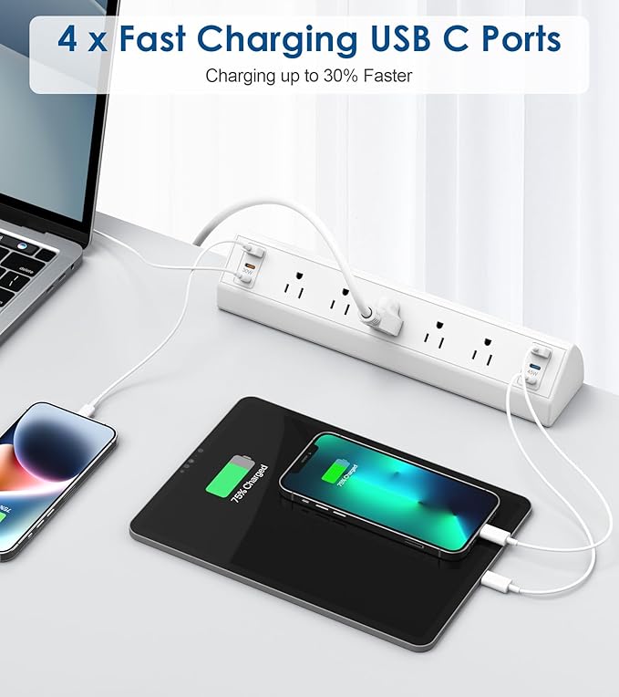 Desk Clamp Power Strip USB C,75W Total Fast Charging Station,45W and 30W USB-C Ports,Desk Edge Mount Power Strip 6-USB Ports,5 AC Outlets Tabletop Surge Protector,Fit 1.6" Tabletop Edge,White