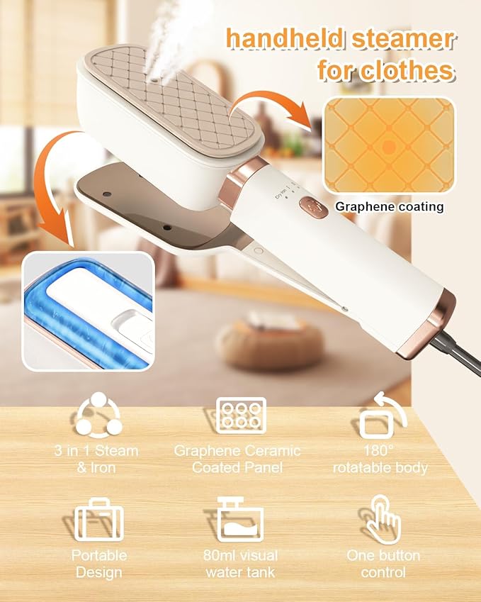 Travel Steamer for Clothes, 3 in 1 Portable Handheld Steamer, Steam Iron Wet & Dry Ironing,15s Fast Heat Up, 180° Flip, 1000W Light Mini Steam Iron for Travel and Home (Beige)