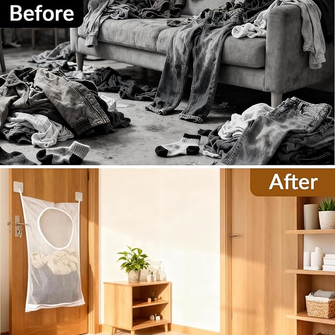Hanging Laundry Hamper Bag,30x20 Inch Foldable Wall Hanging Laundry Bag,Portable Space Saving Dirty Clothes Bags with 2 Adhesive Hooks for Dirty Clothes Organization Storage (1)