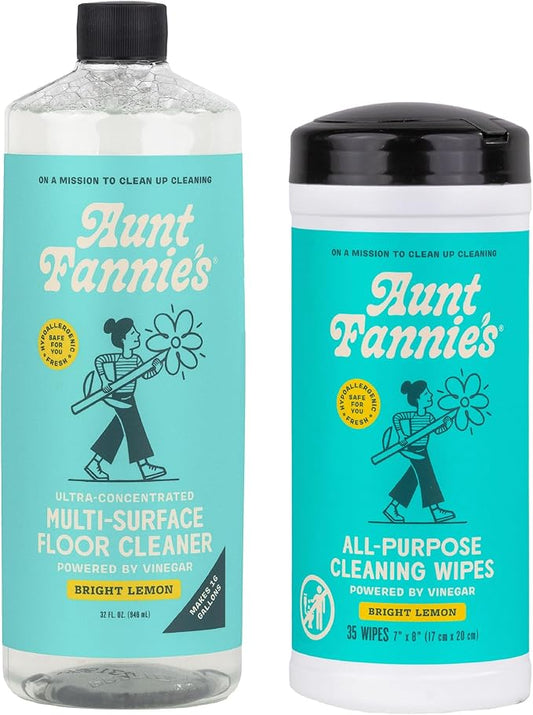 Aunt Fannie's Bundle: Floor Cleaner Vinegar Wash (Bright Lemon) + Vinegar Cleaning Wipes (Bright Lemon)