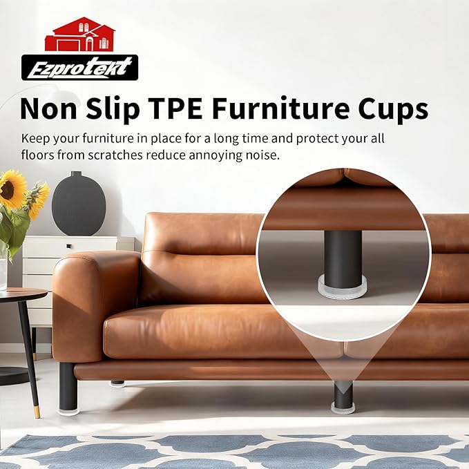Ezprotekt Non Slip Furniture Pads, 12 Pcs 2.5" Anti Skid Rubber Caster Cups, Round Furniture Coasters for Hardwoods Floors, Anti-Slip Grippers, Furniture Stoppers to Prevent Sliding (Clear)