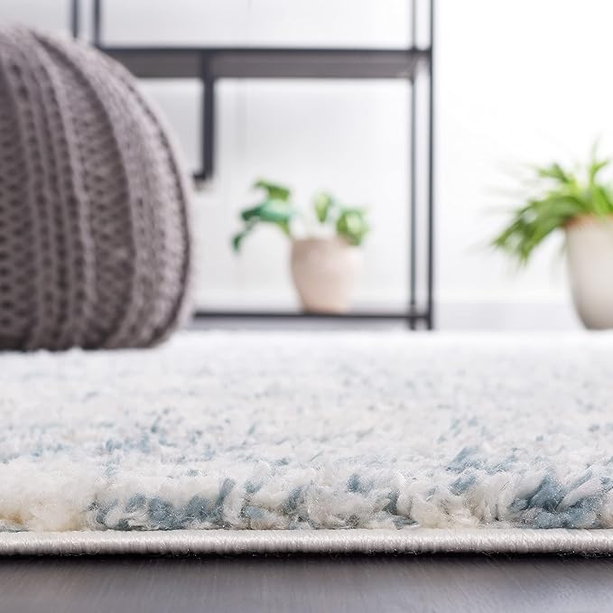 SAFAVIEH Berber Shag Collection Runner Rug - 2' x 6', Ivory & Light Aqua, Modern Design, Non-Shedding & Easy Care, 1.2-inch Thick, Ideal for The Living Room, Bedroom, Dining Room (BER563J-26)