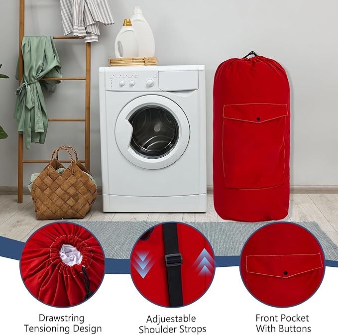 Sanlykate Canvas Backpack Laundry Bag - Extra Large Durable Dirty Clothes 2-3 Days Capacity with Adjustable Shoulder Strap & Front Pocket, for College Dorm, Apartment, Laundromats, Camping Travel