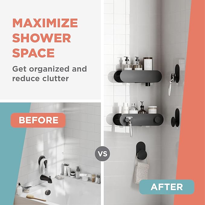Zenna Home Adhesive Shower Caddy Baskets and Hooks Set, 5-Piece Bathroom Organizers and Storage, Shower Shelves and Hooks, No Drilling, Bathroom Accessories for Shower Storage, Matte Black