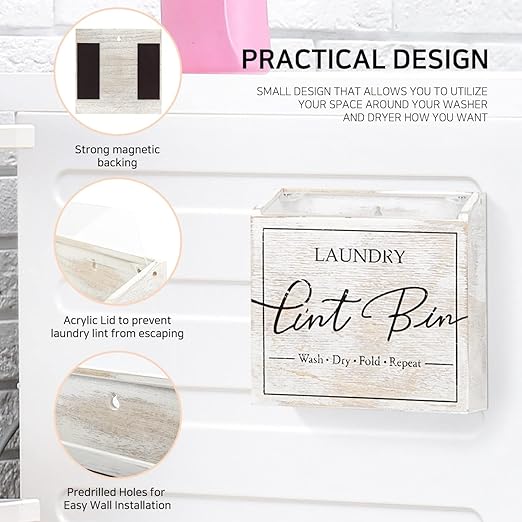 J JACKCUBE DESIGN Magnetic Lint Bin for Laundry Room, Lint Basket Container, Trash Can Box, Organizer, Storage for Washer and Dryer Supplies- White Washed Rustic Wood Wall Mount- MK904A